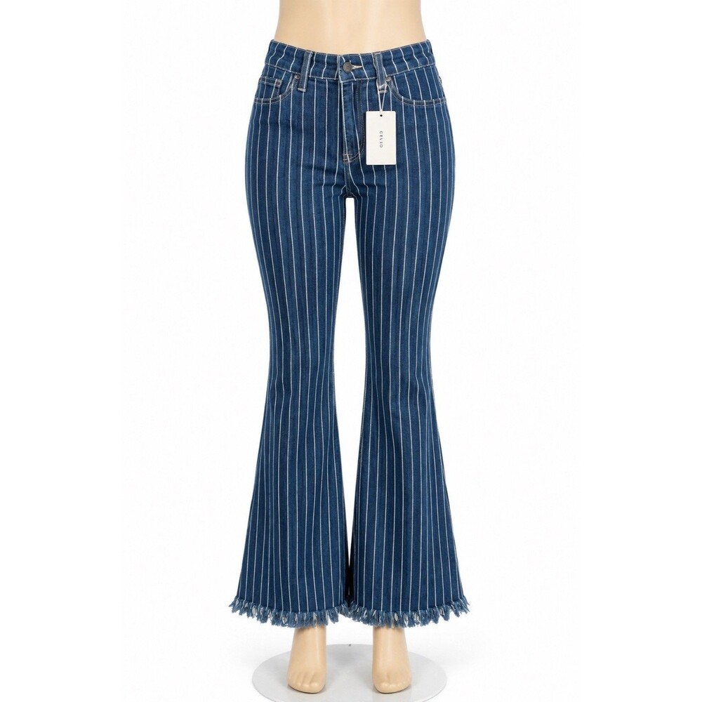 Cello Jeans Womens 5 Pinstripe Super Flare Bell Bottom Raw Hem Stretch NWT